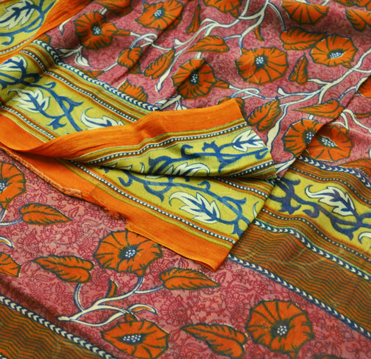 Indian Women Vintage Sari Brown & Orange Blend Georgette Printed Saree Sewing 5yard Soft Craft Floral Design Wrap Boho