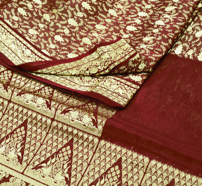 Indian Vintage Maroon Heavy Saree Pure Silk saree Banarasi Brocade Indian Sari Fabric Golden Zari 5Yard Floral Design