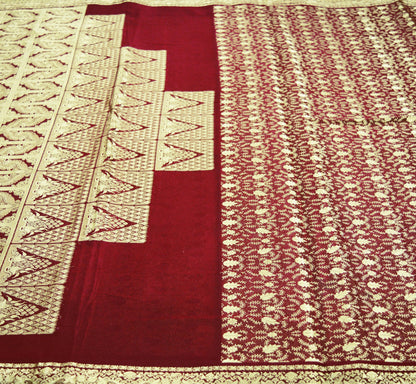 Indian Vintage Maroon Heavy Saree Pure Silk saree Banarasi Brocade Indian Sari Fabric Golden Zari 5Yard Floral Design