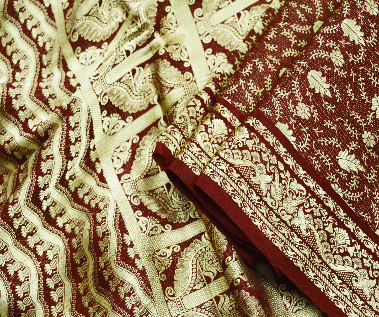 Indian Vintage Maroon Heavy Saree Pure Silk saree Banarasi Brocade Indian Sari Fabric Golden Zari 5Yard Floral Design