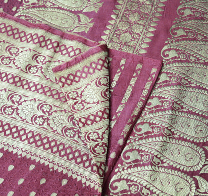 Indian Vintage Sari Heavy Wedding Pure Satin Silk Pink Woven Banarasi Brocade Saree Silver Zari 5Yard