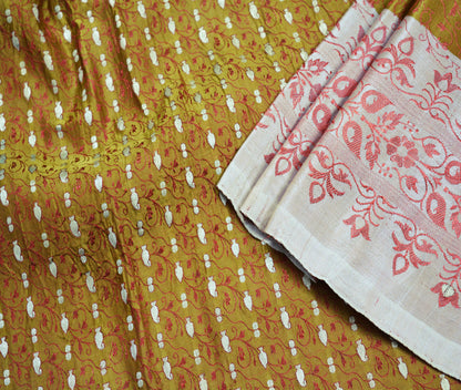 Indian Vintage Sari Mustard Heavy Pure Satin Silk Hand Woven Brocade Saree Ethnic Wear 5Yard Floral