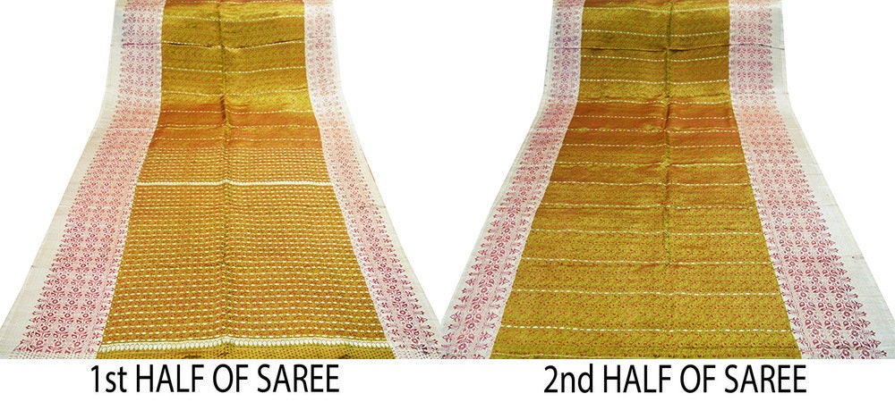 Indian Vintage Sari Mustard Heavy Pure Satin Silk Hand Woven Brocade Saree Ethnic Wear 5Yard Floral