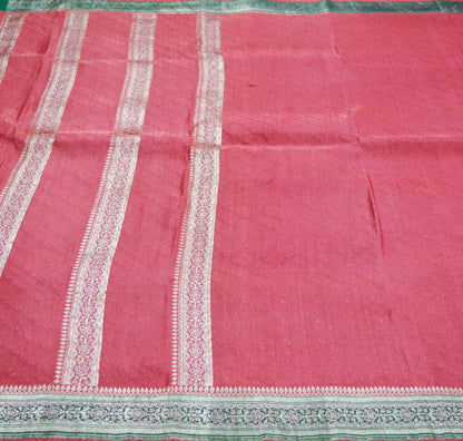 Indian Vintage Sari Heavy Wedding Pure Satin Silk Pink Woven Banarasi Brocade Saree Silver Zari 5Yard