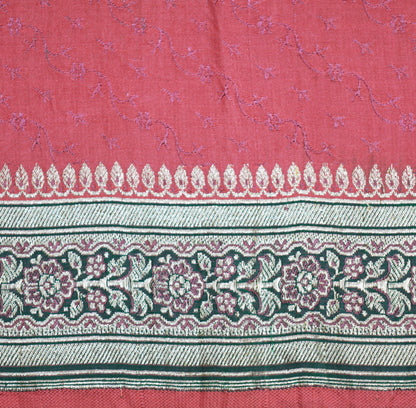 Indian Vintage Sari Heavy Wedding Pure Satin Silk Pink Woven Banarasi Brocade Saree Silver Zari 5Yard