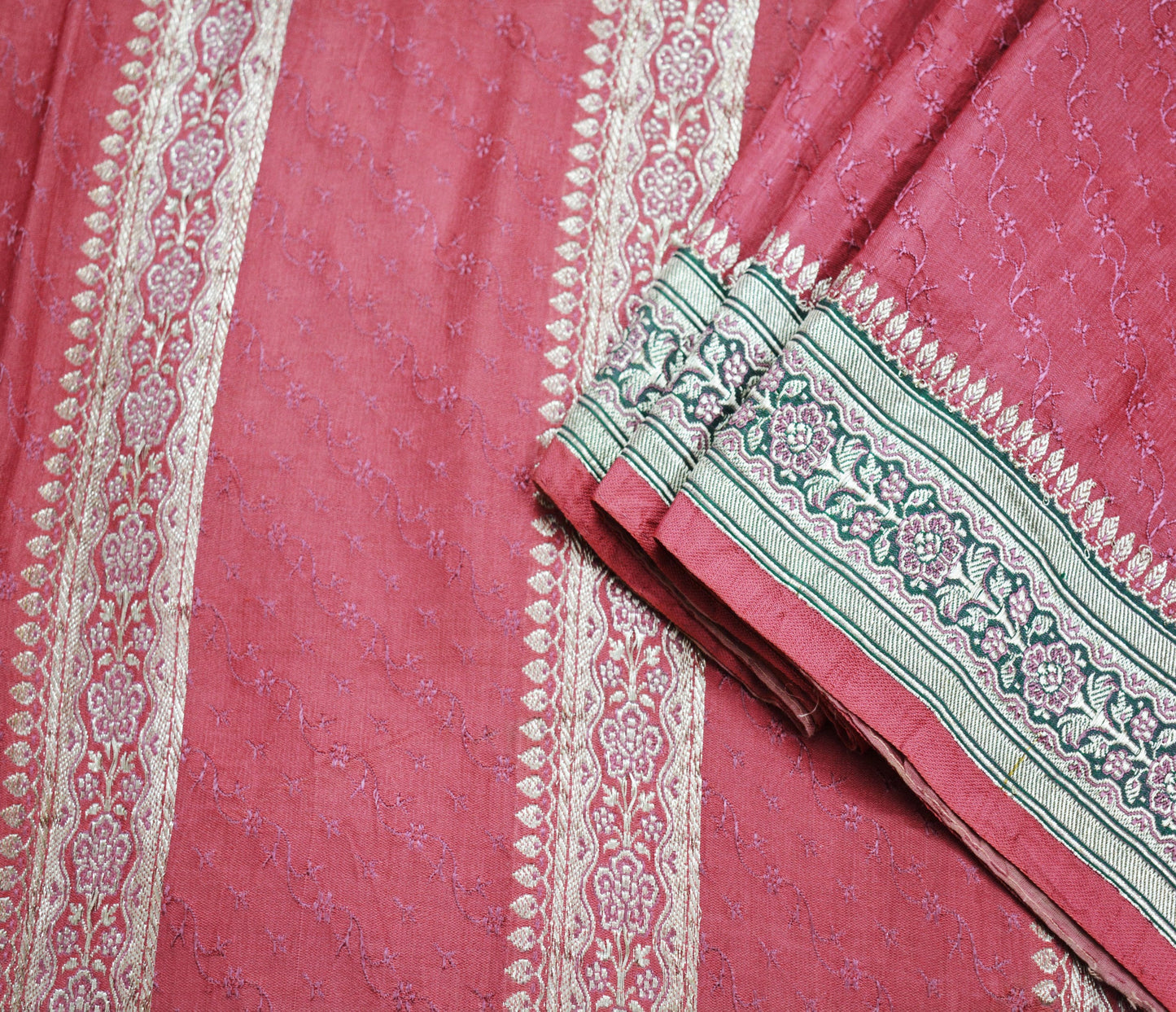 Indian Vintage Sari Heavy Wedding Pure Satin Silk Pink Woven Banarasi Brocade Saree Silver Zari 5Yard