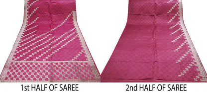 Indian Vintage Sari Heavy Wedding Pure Satin Silk Pink Woven Banarasi Brocade Saree Silver Zari 5Yard