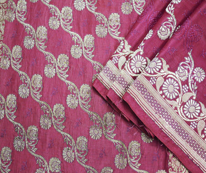 Indian Vintage Sari Heavy Wedding Pure Satin Silk Pink Woven Banarasi Brocade Saree Silver Zari 5Yard