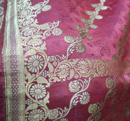 Indian Vintage Sari Heavy Wedding Pure Satin Silk Pink Woven Banarasi Brocade Saree Silver Zari 5Yard