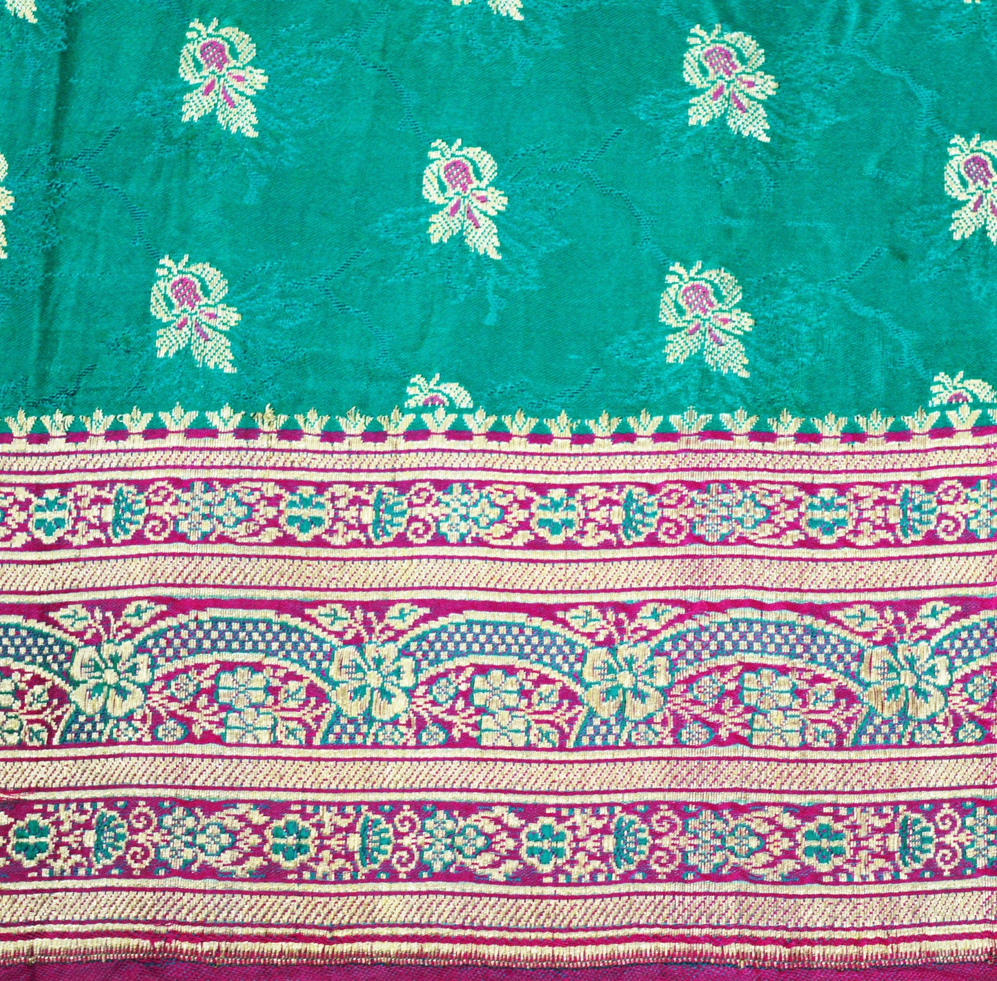 Indian Vintage Sari Heavy Pure Satin Silk Pink & Green Woven Banarasi Brocade Saree Silver Zari 5Yd