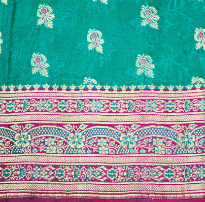 Indian Vintage Sari Heavy Pure Satin Silk Pink & Green Woven Banarasi Brocade Saree Silver Zari 5Yd