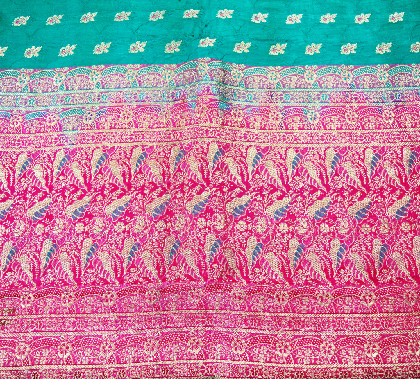 Indian Vintage Sari Heavy Pure Satin Silk Pink & Green Woven Banarasi Brocade Saree Silver Zari 5Yd