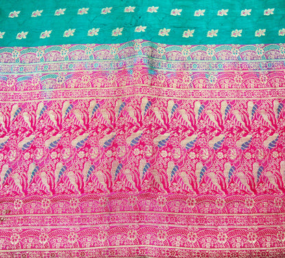 Indian Vintage Sari Heavy Pure Satin Silk Pink & Green Woven Banarasi Brocade Saree Silver Zari 5Yd