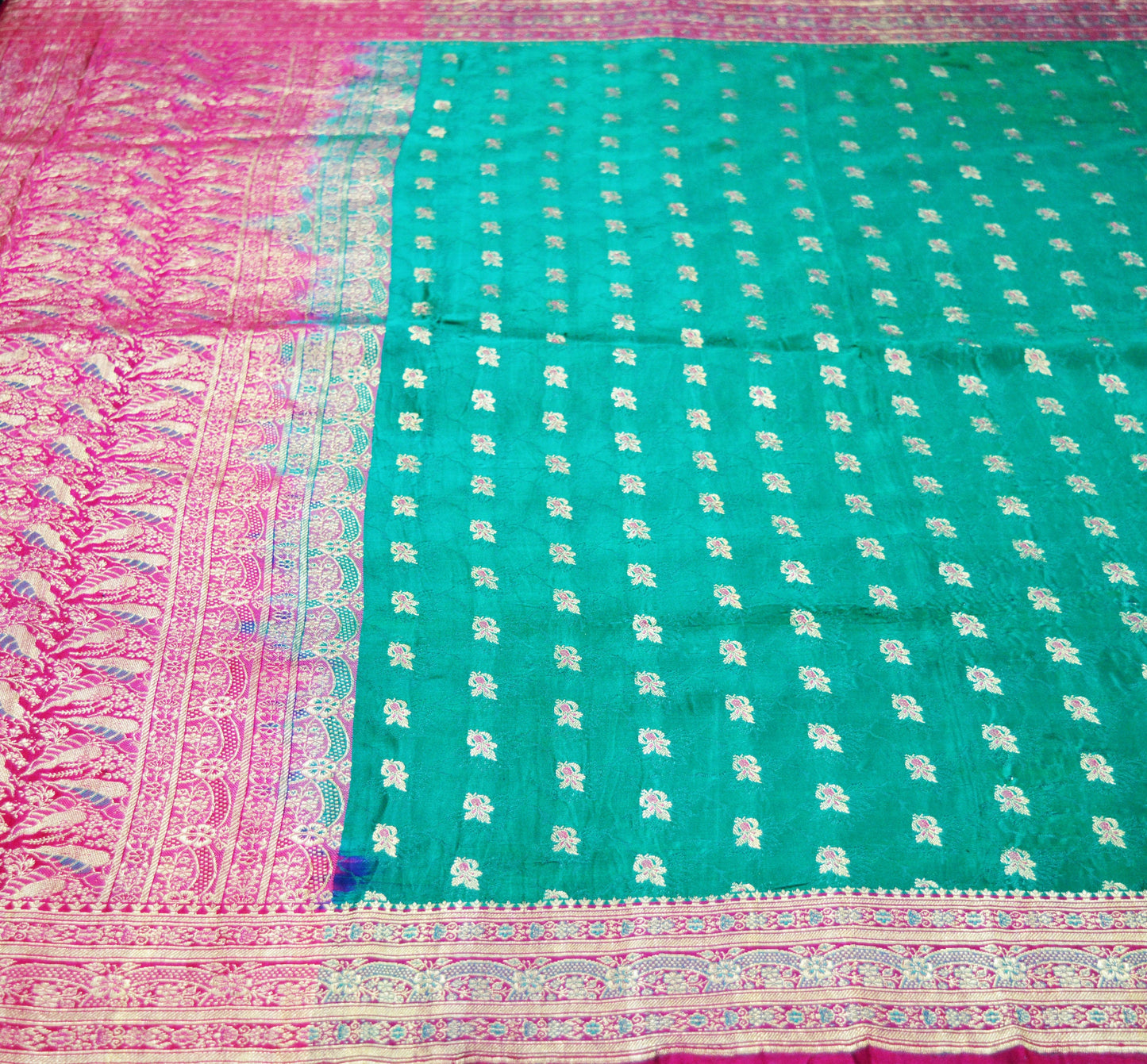 Indian Vintage Sari Heavy Pure Satin Silk Pink & Green Woven Banarasi Brocade Saree Silver Zari 5Yd