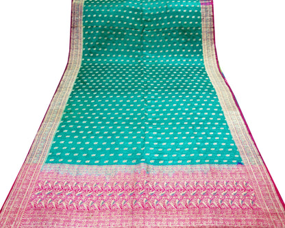 Indian Vintage Sari Heavy Pure Satin Silk Pink & Green Woven Banarasi Brocade Saree Silver Zari 5Yd