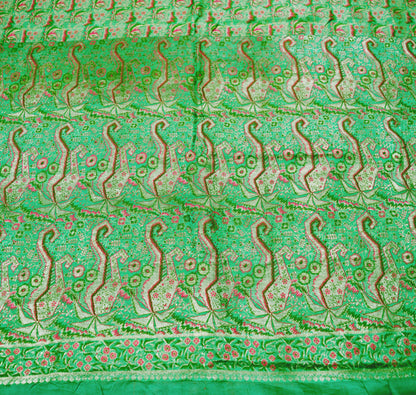 Indian Vintage Sari Green Heavy Wedding Pure Satin Silk Woven Banarasi Brocade Saree Golden Zari 5Yard