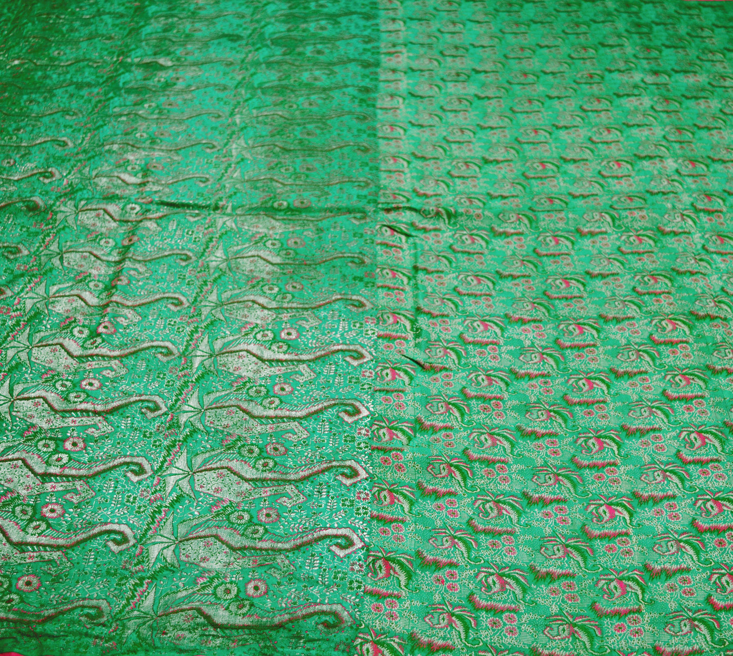 Indian Vintage Sari Green Heavy Wedding Pure Satin Silk Woven Banarasi Brocade Saree Golden Zari 5Yard