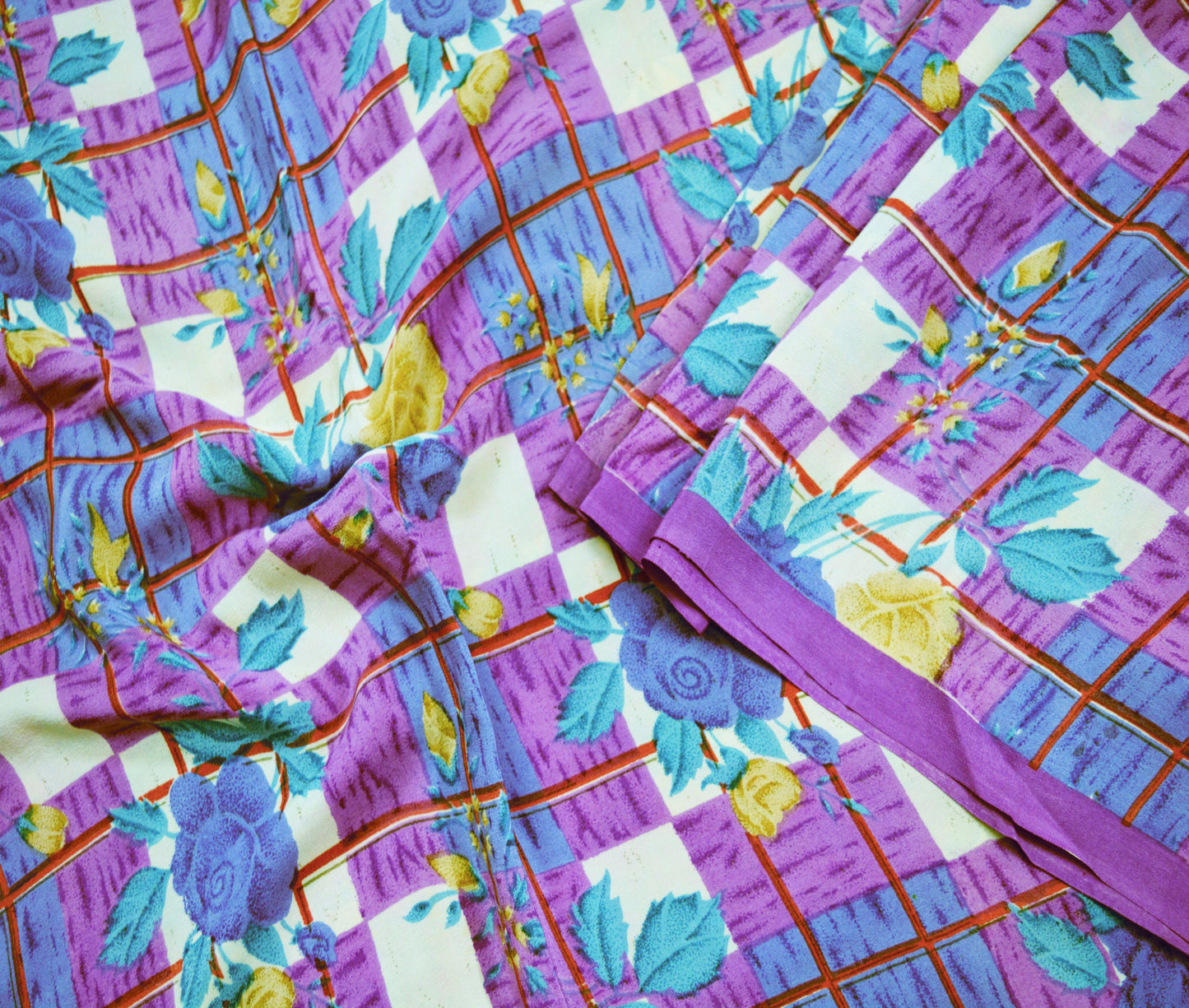 Indian Vintage Sari Purple Pure Crepe Silk Printed Saree 5yard Sewing Floral Soft Craft Fabric Wrap