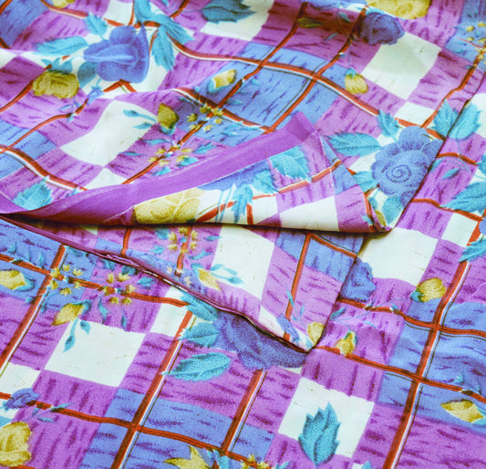 Indian Vintage Sari Purple Pure Crepe Silk Printed Saree 5yard Sewing Floral Soft Craft Fabric Wrap