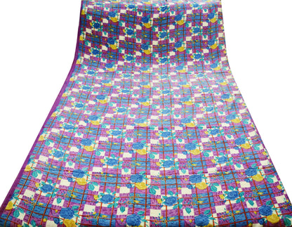 Indian Vintage Sari Purple Pure Crepe Silk Printed Saree 5yard Sewing Floral Soft Craft Fabric Wrap