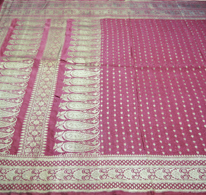 Indian Vintage Sari Heavy Wedding Pure Satin Silk Pink Woven Banarasi Brocade Saree Silver Zari 5Yard