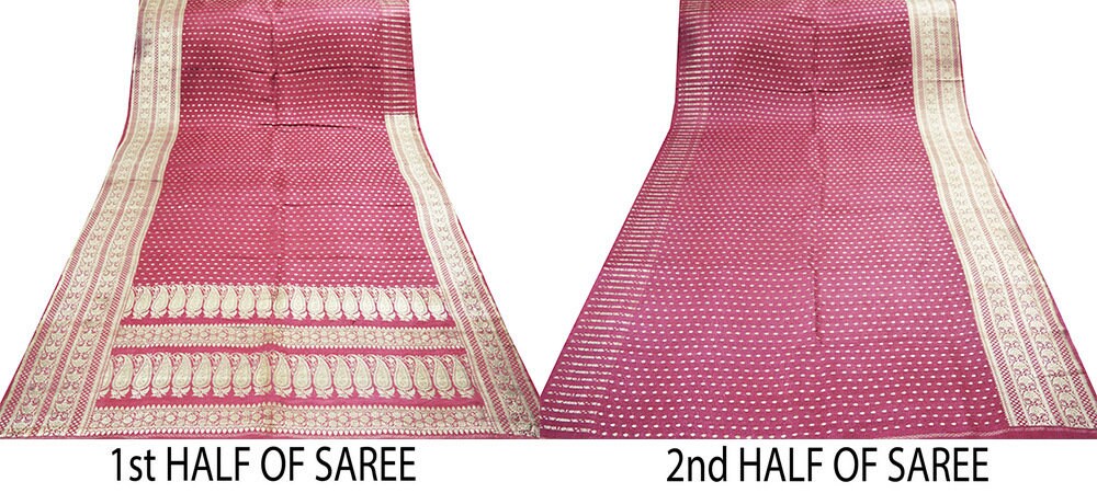 Indian Vintage Sari Heavy Wedding Pure Satin Silk Pink Woven Banarasi Brocade Saree Silver Zari 5Yard