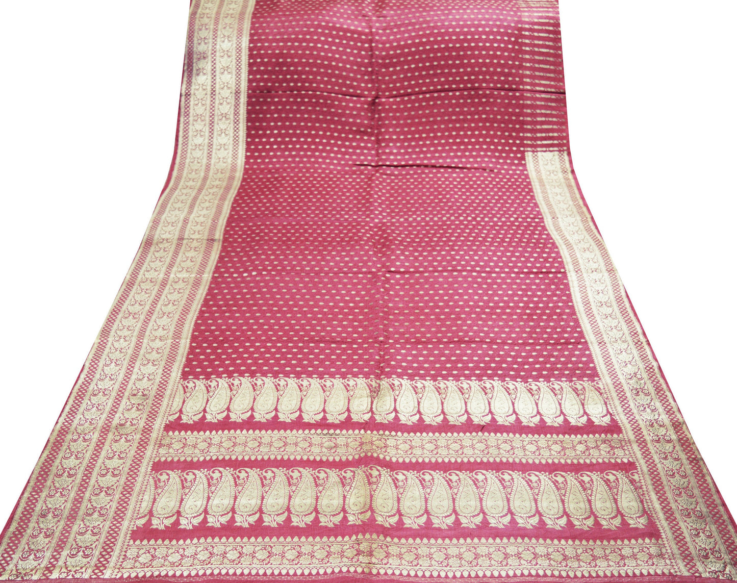 Indian Vintage Sari Heavy Wedding Pure Satin Silk Pink Woven Banarasi Brocade Saree Silver Zari 5Yard