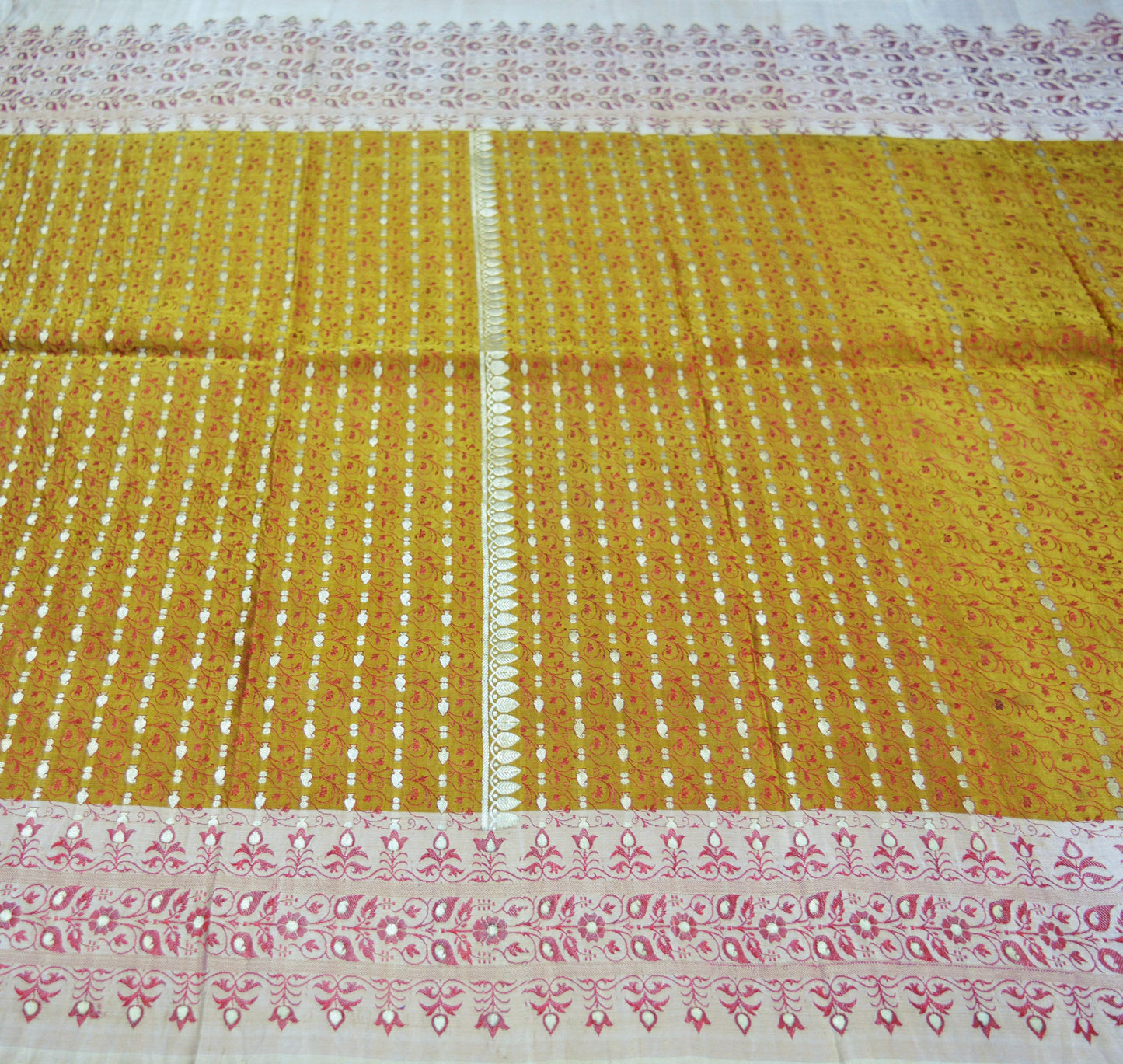 Indian Vintage Sari Mustard Heavy Pure Satin Silk Hand Woven Brocade Saree Ethnic Wear 5Yard Floral