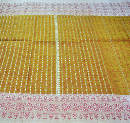 Indian Vintage Sari Mustard Heavy Pure Satin Silk Hand Woven Brocade Saree Ethnic Wear 5Yard Floral