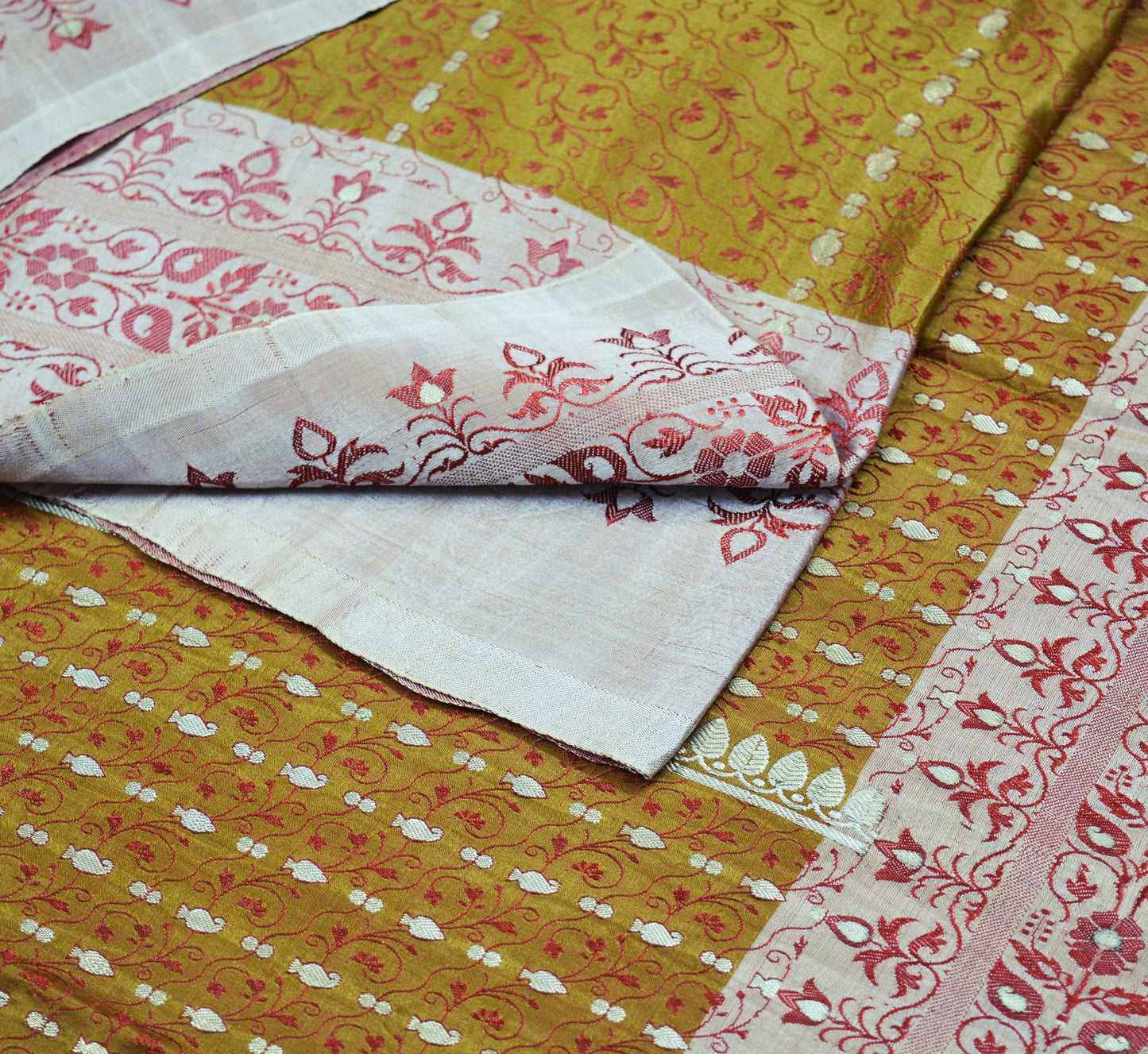 Indian Vintage Sari Mustard Heavy Pure Satin Silk Hand Woven Brocade Saree Ethnic Wear 5Yard Floral