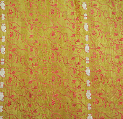 Indian Vintage Sari Mustard Heavy Pure Satin Silk Hand Woven Brocade Saree Ethnic Wear 5Yard Floral