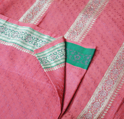 Indian Vintage Sari Heavy Wedding Pure Satin Silk Pink Woven Banarasi Brocade Saree Silver Zari 5Yard