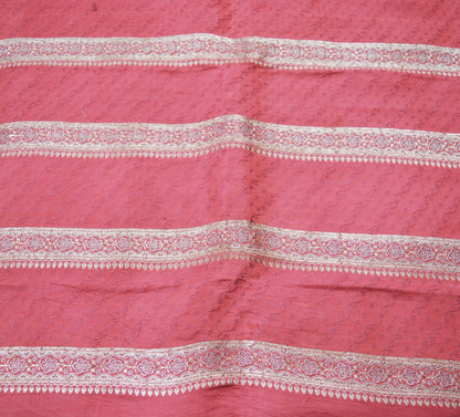 Indian Vintage Sari Heavy Wedding Pure Satin Silk Pink Woven Banarasi Brocade Saree Silver Zari 5Yard