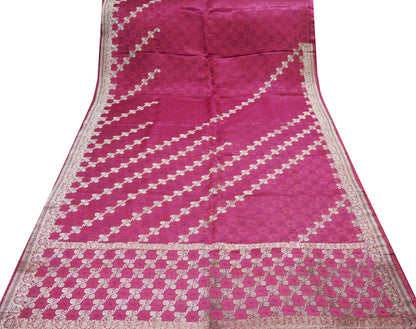 Indian Vintage Sari Heavy Wedding Pure Satin Silk Pink Woven Banarasi Brocade Saree Silver Zari 5Yard