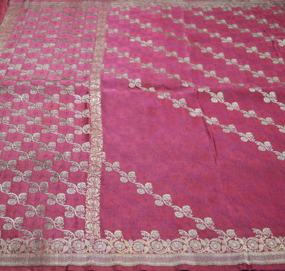 Indian Vintage Sari Heavy Wedding Pure Satin Silk Pink Woven Banarasi Brocade Saree Silver Zari 5Yard