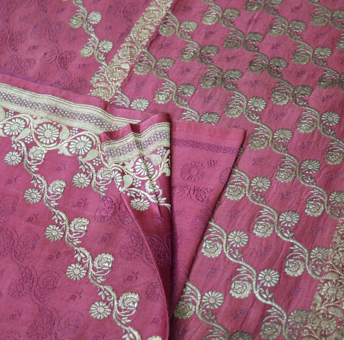 Indian Vintage Sari Heavy Wedding Pure Satin Silk Pink Woven Banarasi Brocade Saree Silver Zari 5Yard