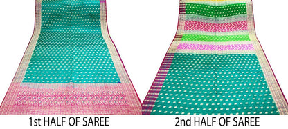 Indian Vintage Sari Heavy Pure Satin Silk Pink & Green Woven Banarasi Brocade Saree Silver Zari 5Yd