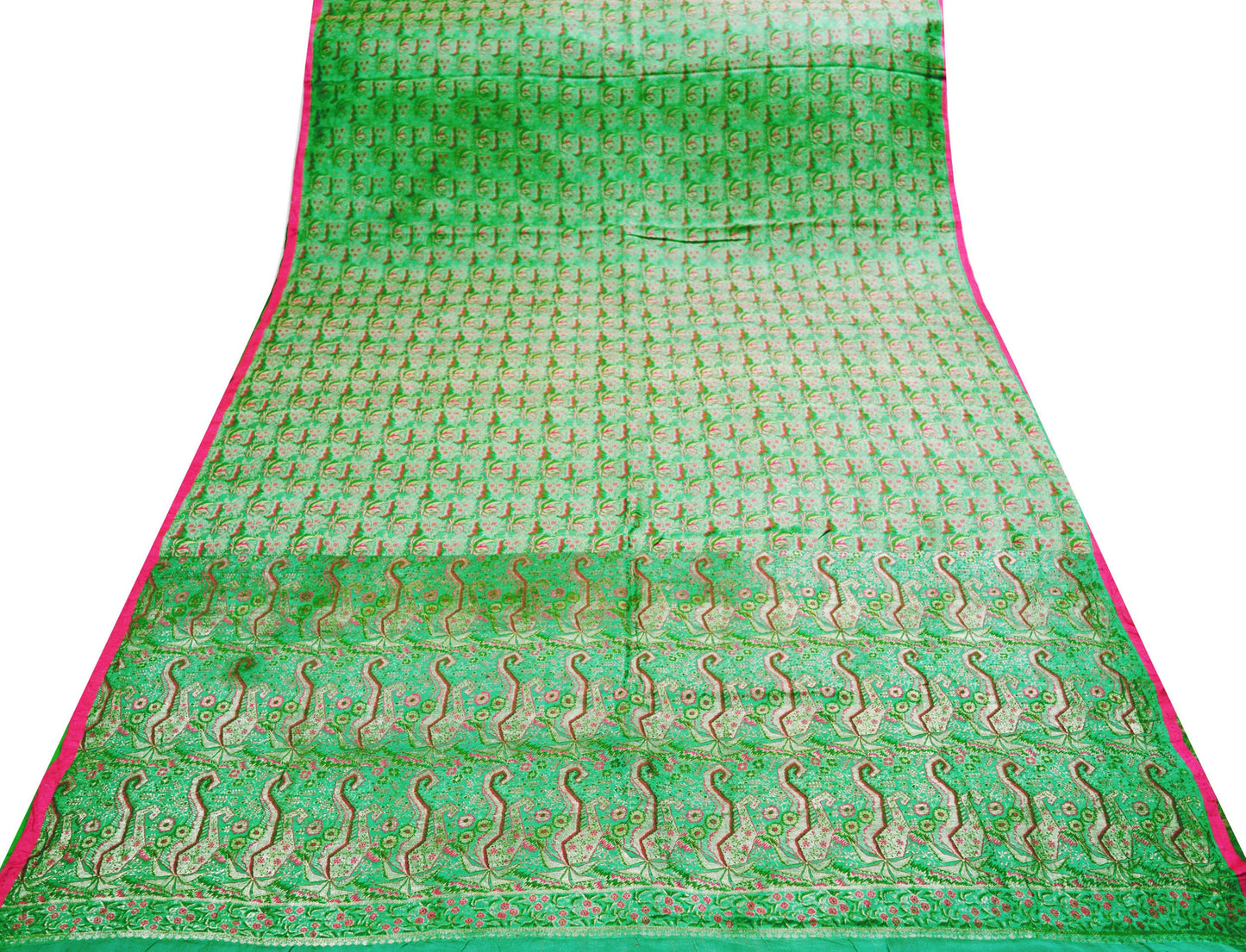 Indian Vintage Sari Green Heavy Wedding Pure Satin Silk Woven Banarasi Brocade Saree Golden Zari 5Yard