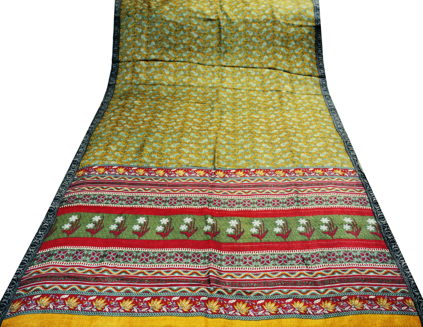 Indian Vintage Green & Mustard Heavy Saree Woven Printed 100% Pure Woolen Indian Sari Fabric 6Yard Indian Sari Soft