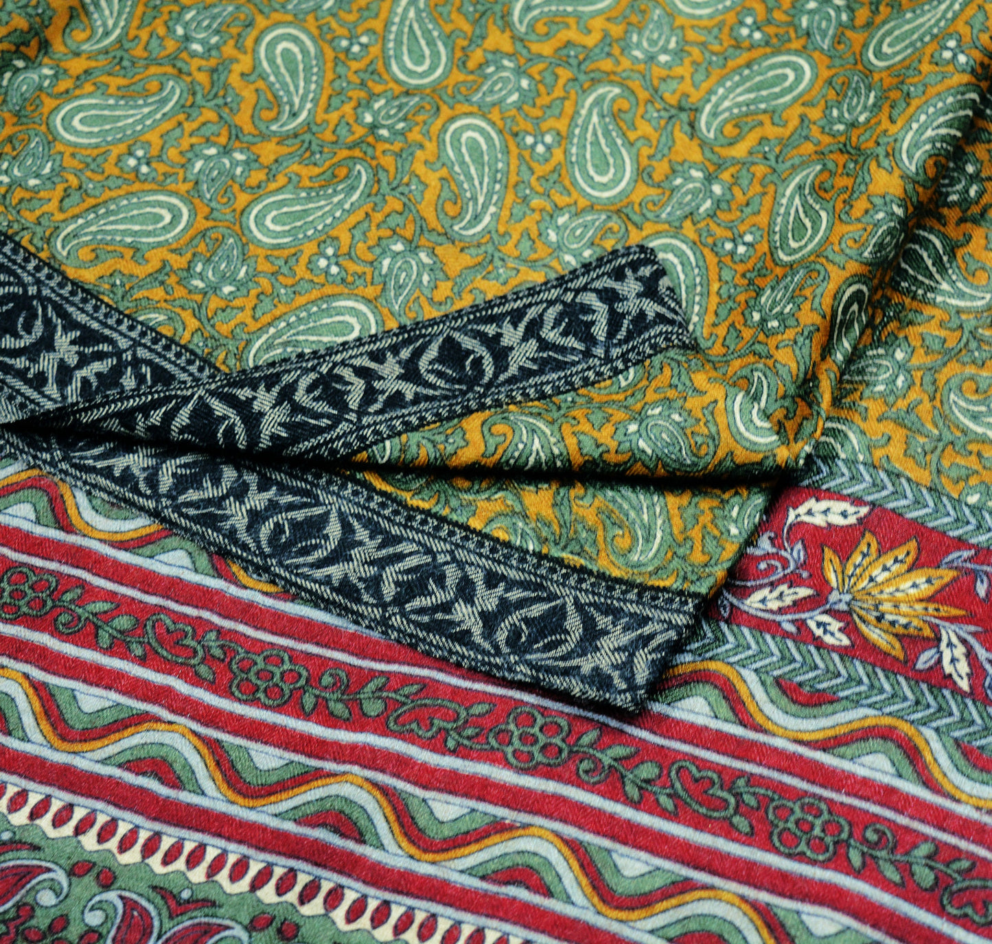 Indian Vintage Green & Mustard Heavy Saree Woven Printed 100% Pure Woolen Indian Sari Fabric 6Yard Indian Sari Soft