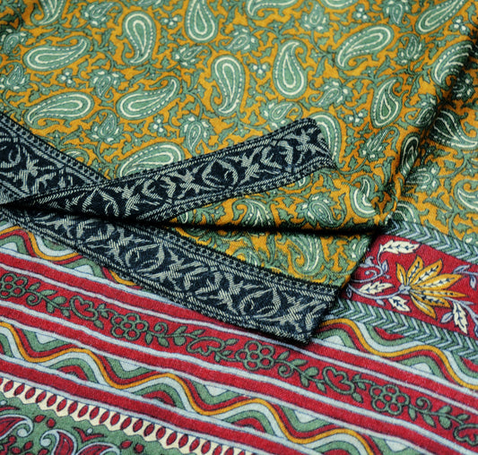 Indian Vintage Green & Mustard Heavy Saree Woven Printed 100% Pure Woolen Indian Sari Fabric 6Yard Indian Sari Soft