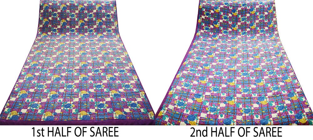Indian Vintage Sari Purple Pure Crepe Silk Printed Saree 5yard Sewing Floral Soft Craft Fabric Wrap