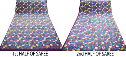 Indian Vintage Sari Purple Pure Crepe Silk Printed Saree 5yard Sewing Floral Soft Craft Fabric Wrap