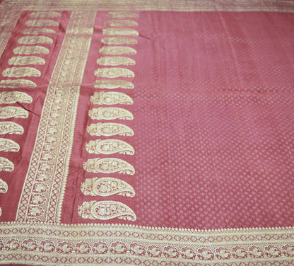 Indian Vintage Sari Pink Heavy Wedding Pure Satin Silk Woven Banarasi Brocade Saree  Silver Zari 5Yard