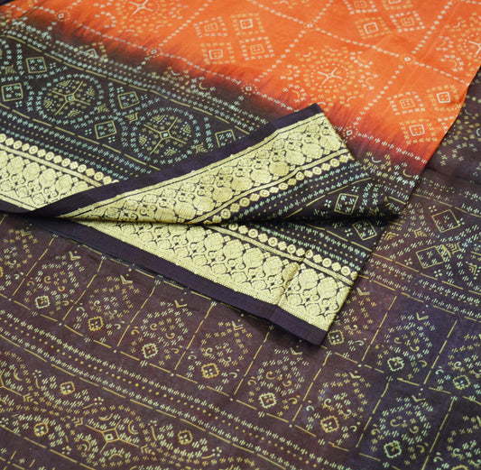 Vintage Sari Orange & Brown 100% Pure Silk Printed Saree 5yard Sewing Fabric Soft Dress Designing for Crafting ,Decor