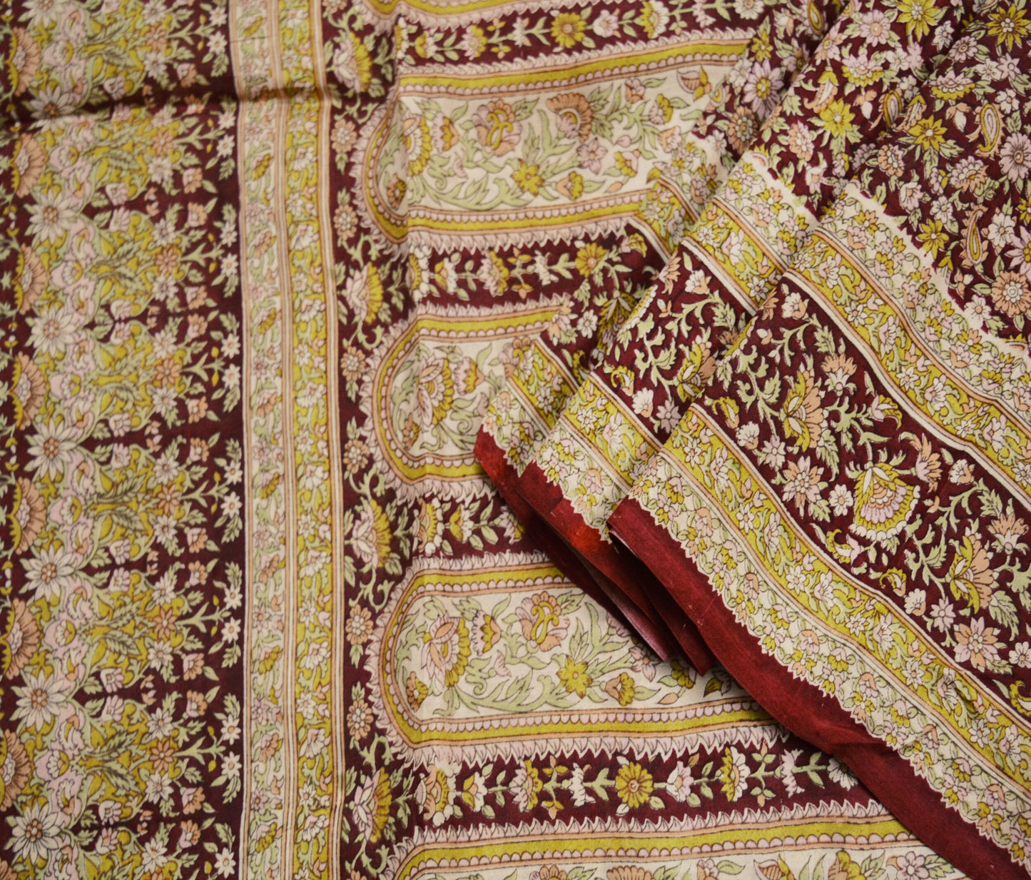 Indian Vintage Sari Maroon 100% Pure Silk Printed Saree Fabric 6yard Sewing Craft DressMaking  Soft Paisley