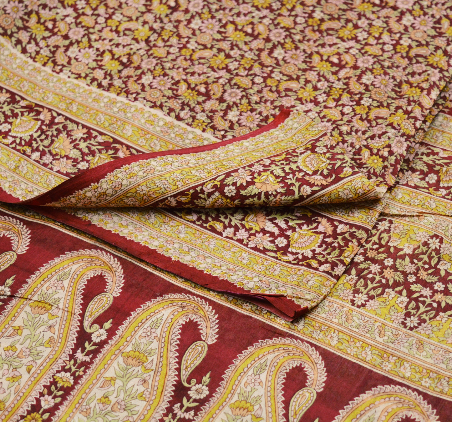 Indian Vintage Sari Maroon 100% Pure Silk Printed Saree Fabric 6yard Sewing Craft DressMaking  Soft Paisley