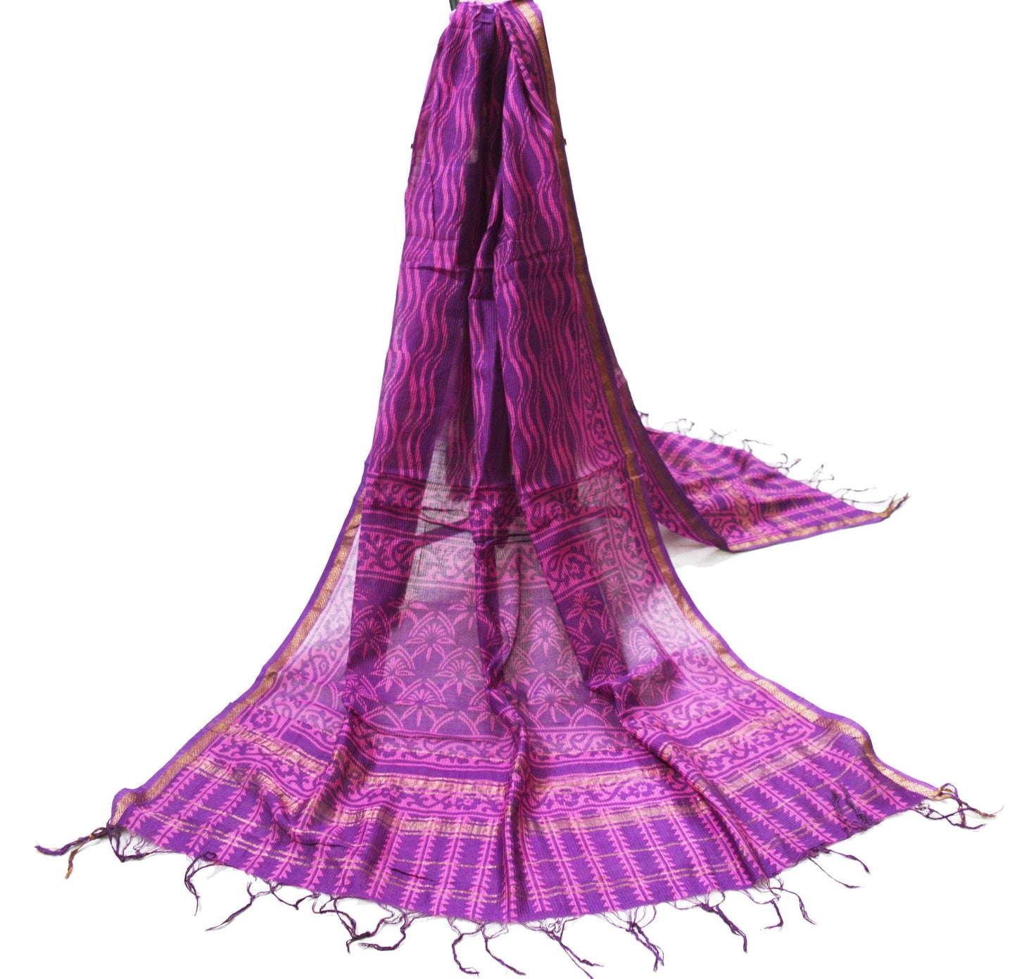 Indian Vintage Purple Dupatta Long Stole Block Print Pure Silk Indian Scarves Veil Golden Zari Soft Floral Design