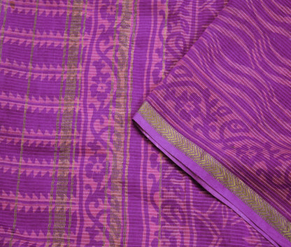 Indian Vintage Purple Dupatta Long Stole Block Print Pure Silk Indian Scarves Veil Golden Zari Soft Floral Design