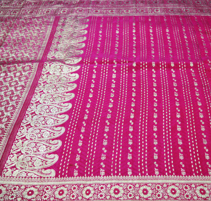 Indian Vintage SariHeavy Wedding Pure Satin Silk Rani Pink saree Banarasi Brocade Saree  Golden Zari 5Yard